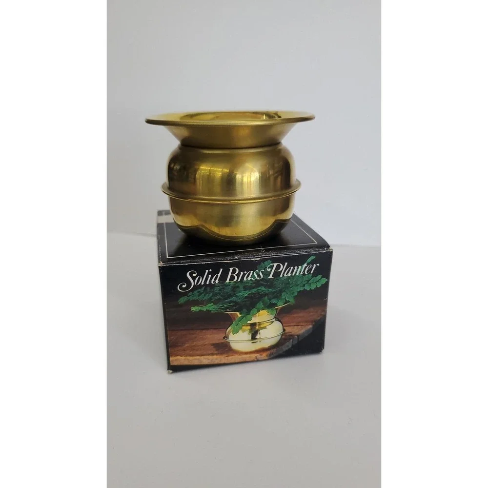 Vintage Solid Brass Planter Flared Rim Gold Tone Decorative Pot with Box